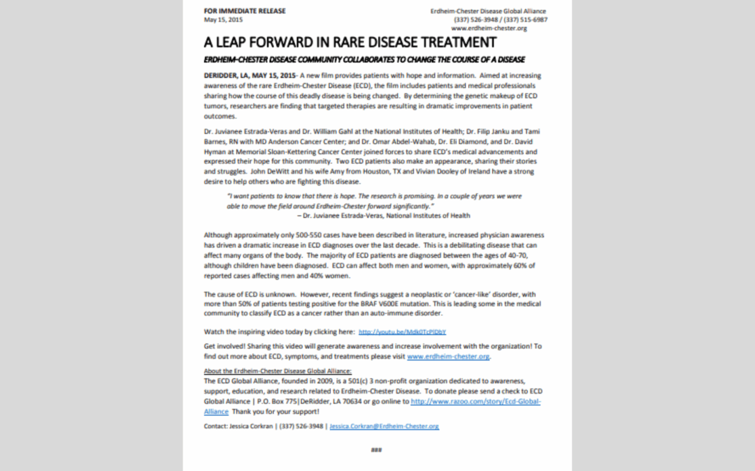 “A Leap Forward in Rare Disease Treatment” Erdheim-Chester disease community collaborates to change the course of a disease