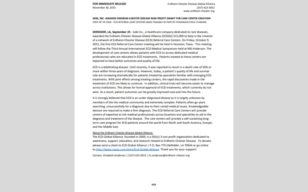 SOBI, Inc. Awards Erdheim-Chester Disease Non-Profit Grant for Care Center Creation