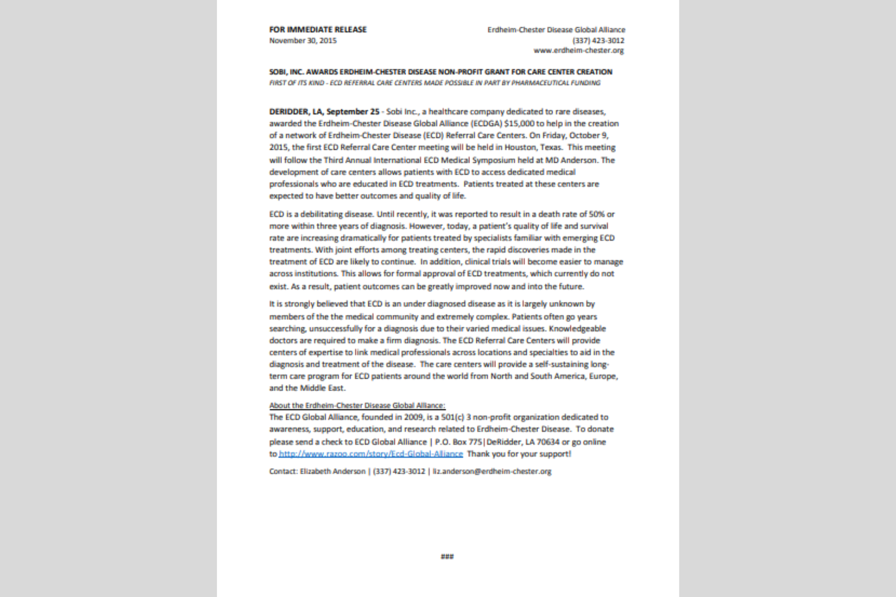 SOBI, Inc. Prêmios Erdheim-Chester Subsídio para Doenças sem Fins Lucrativos para Criação de Centro de Cuidados