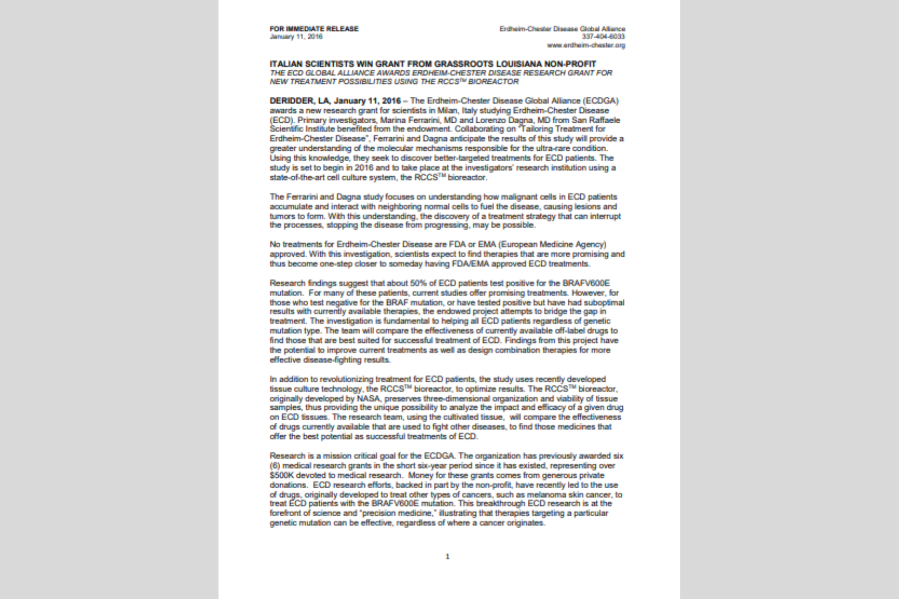 Cientistas italianos ganham subsídio da organização sem fins lucrativos de base da Louisiana