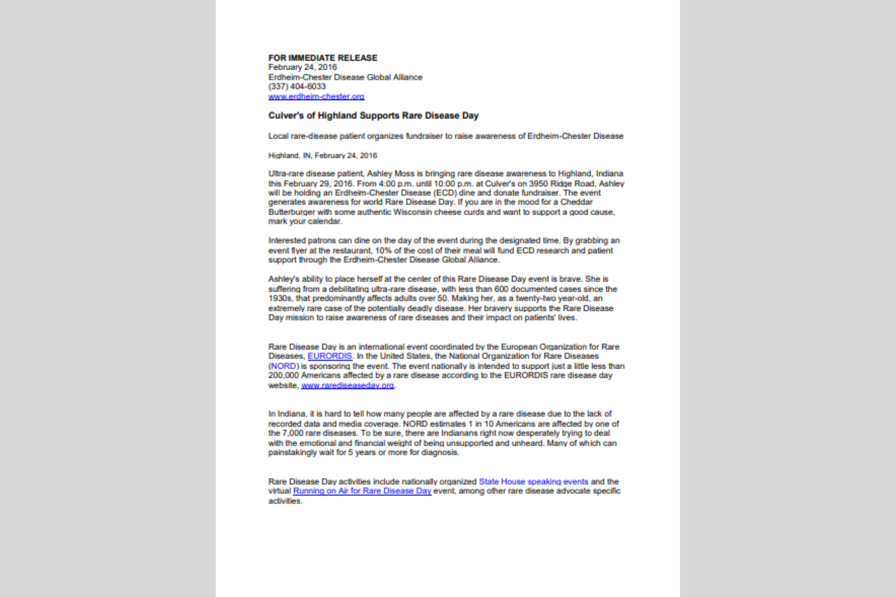 Culver’s of Highland apoia o Dia das Doenças Raras