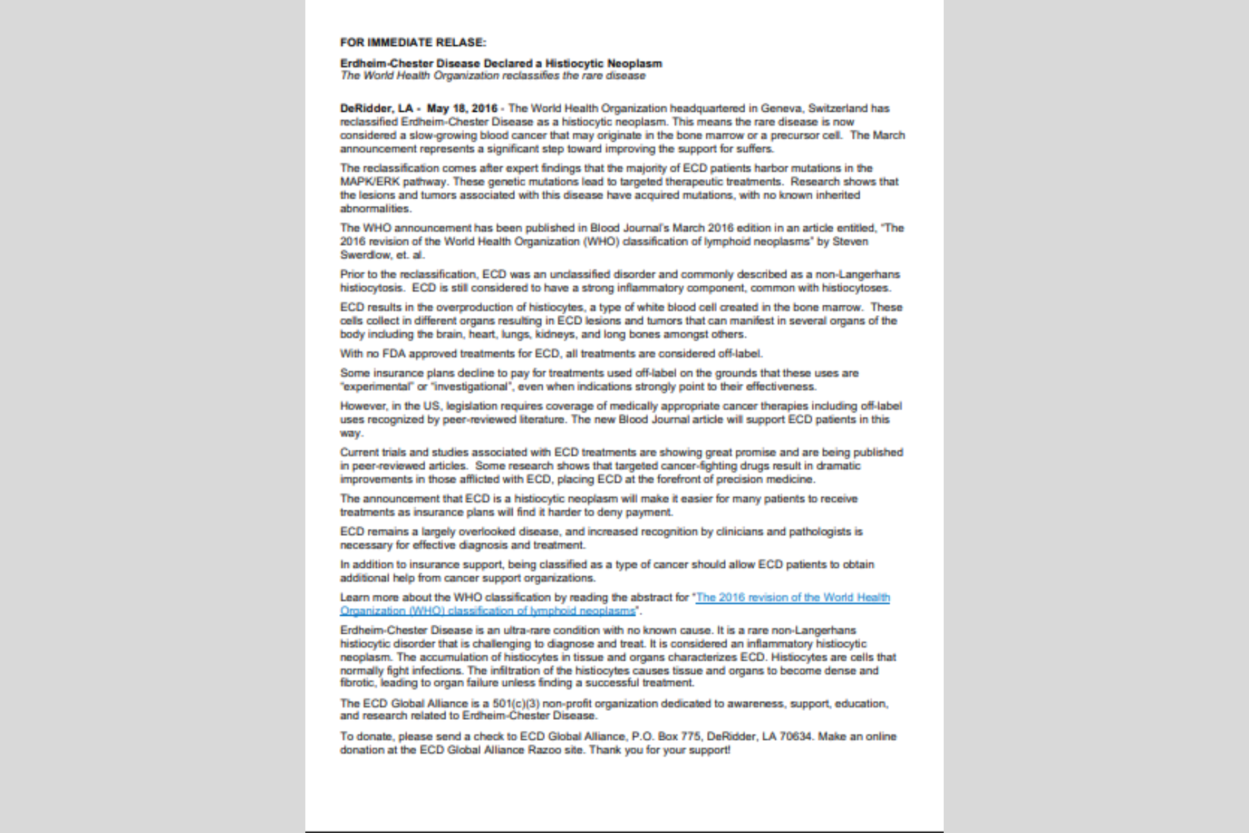 Erdheim-Chester Doença declarada como neoplasia histiocítica