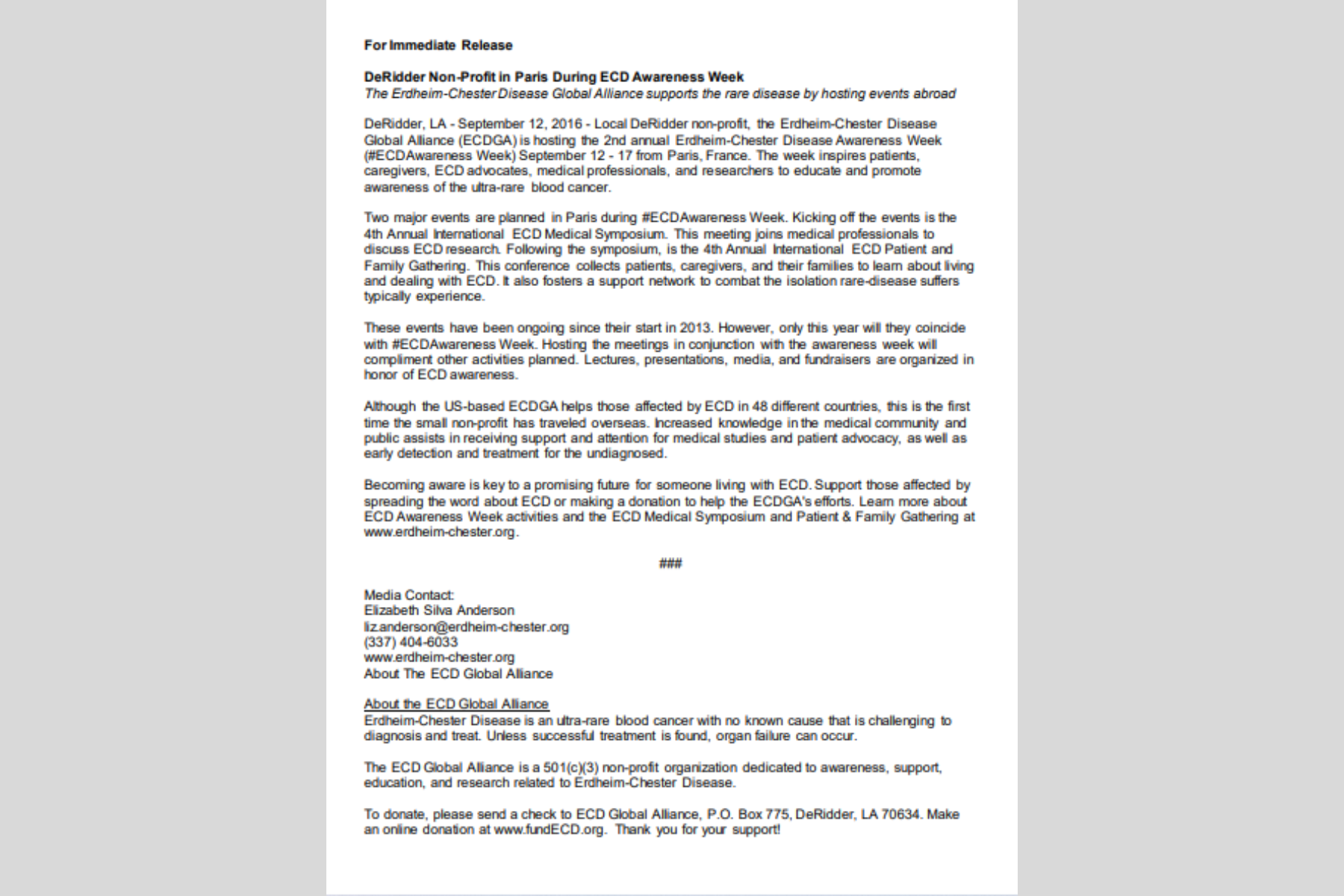 Organização sem fins lucrativos de DeRidder em Paris durante a Semana de Conscientização ECD