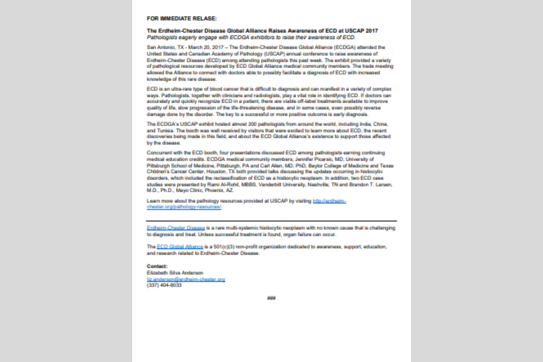 A Erdheim-Chester A Disease Global Alliance aumenta a conscientização sobre ECD na USCAP 2017