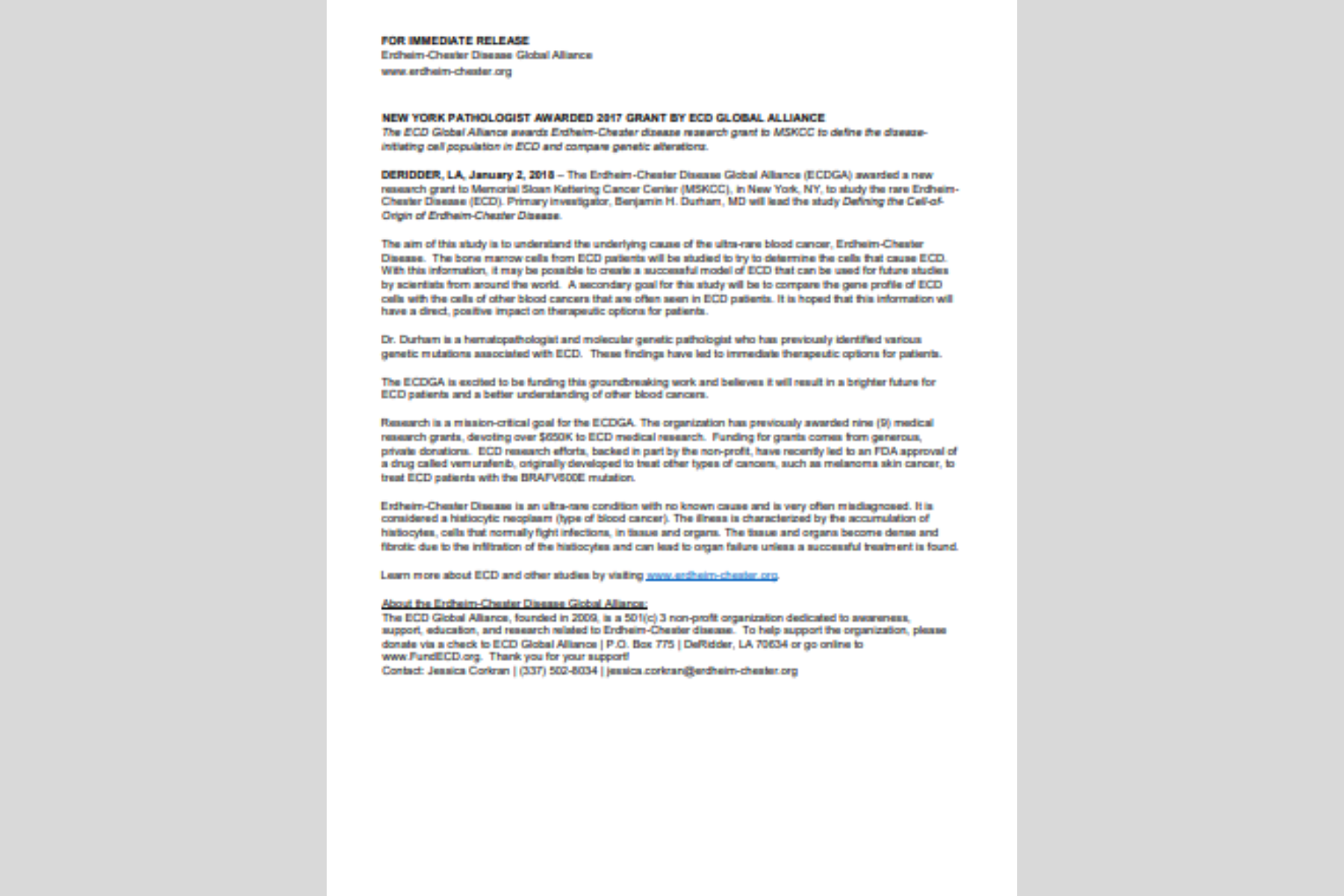 Patologista de Nova York recebeu o prêmio de 2017 da ECD Global Alliance