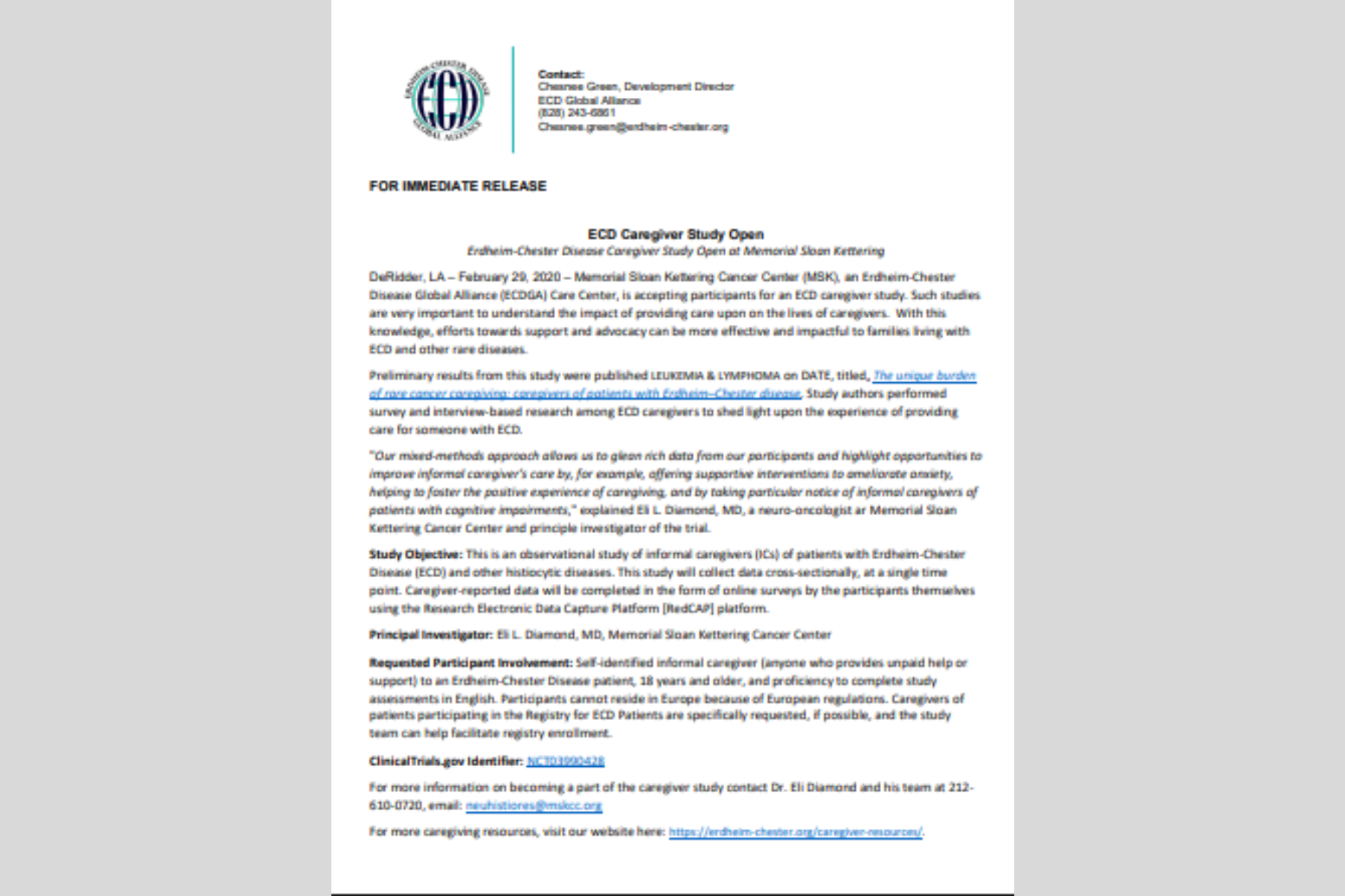 ECD Estudo sobre cuidadores aberto no Memorial Sloan Kettering