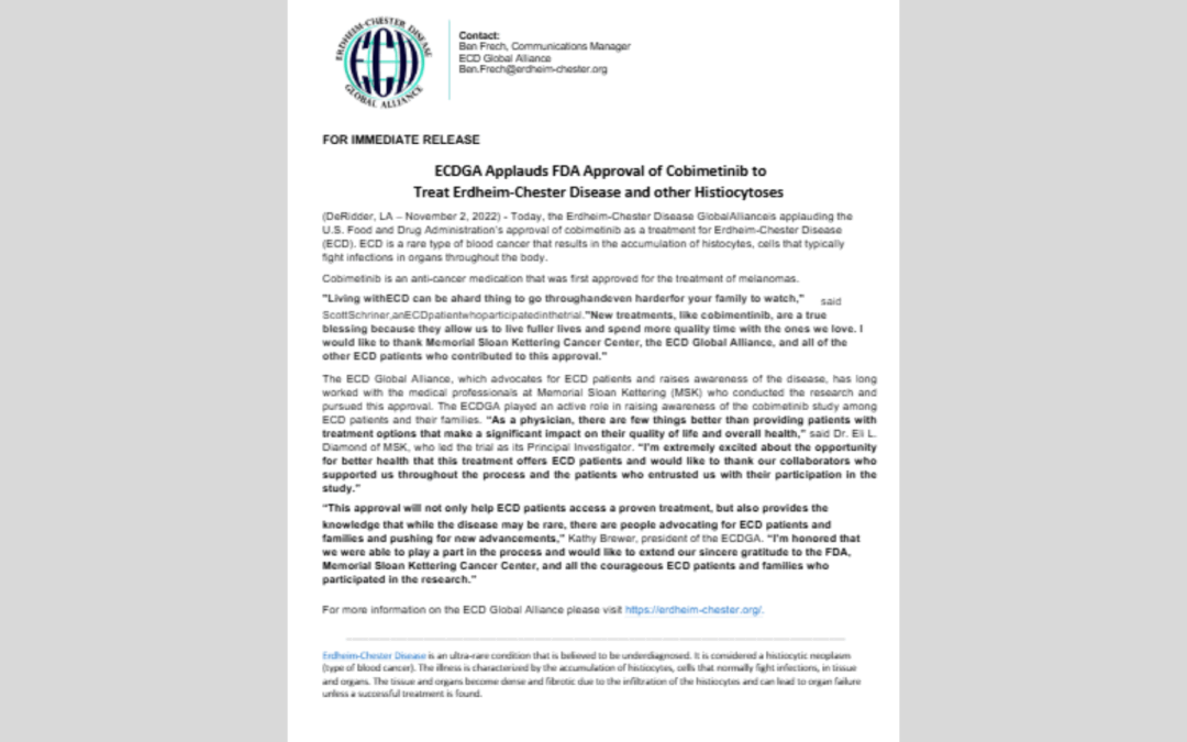 ECDGA Applauds FDA Approval of Cobimetinib to Treat Erdheim-Chester Disease