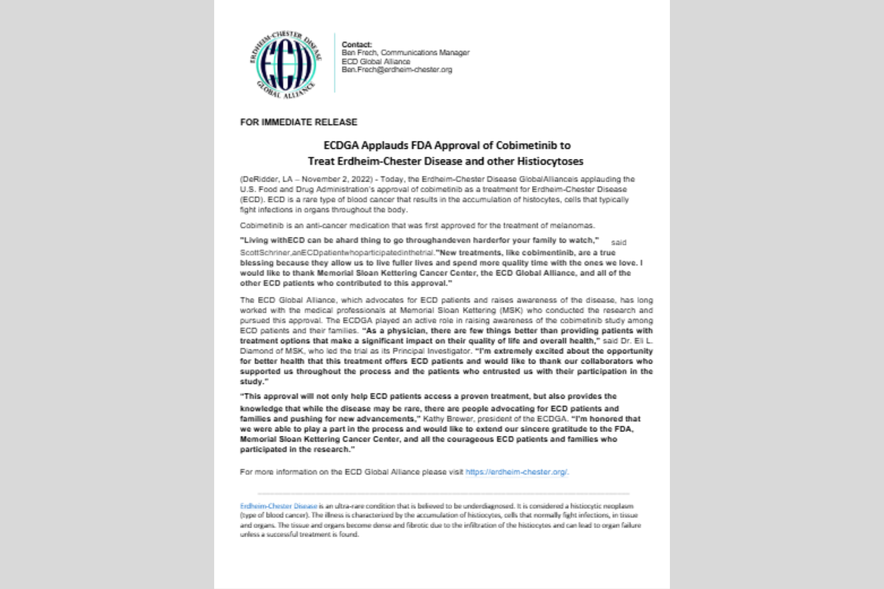 ECDGA Aplaude a aprovação do Cobimetinib pela FDA para tratar Erdheim-Chester doença